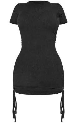 Shape Black Rib Short Sleeve Ruched Side Bodycon Dress