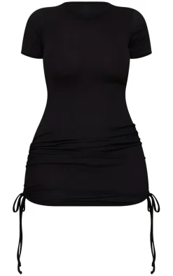 Shape Black Rib Short Sleeve Ruched Side Bodycon Dress