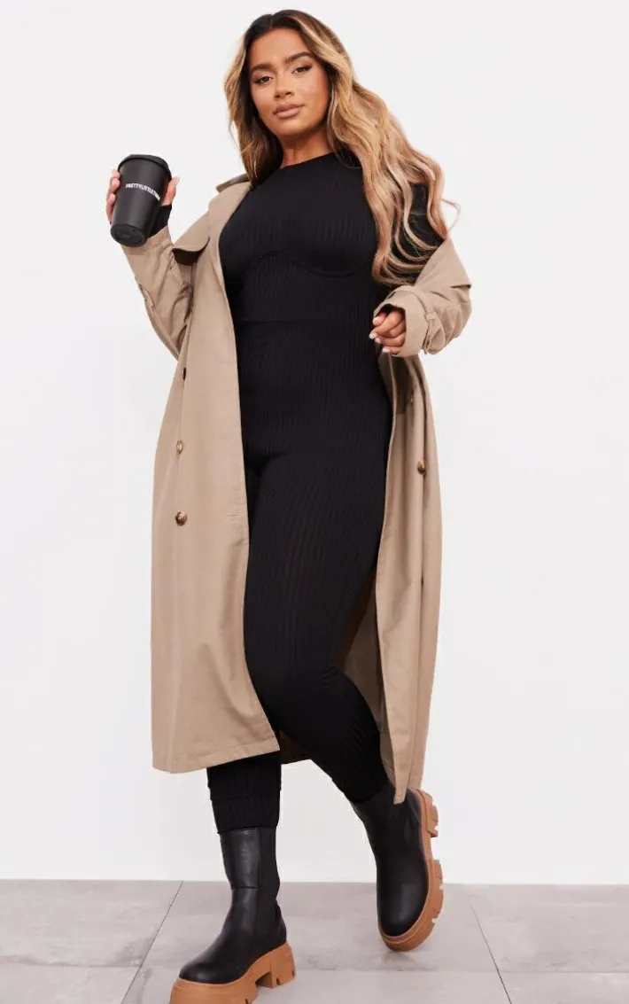 Shape Black Rib Underbust Detail Long Sleeve Jumpsuit