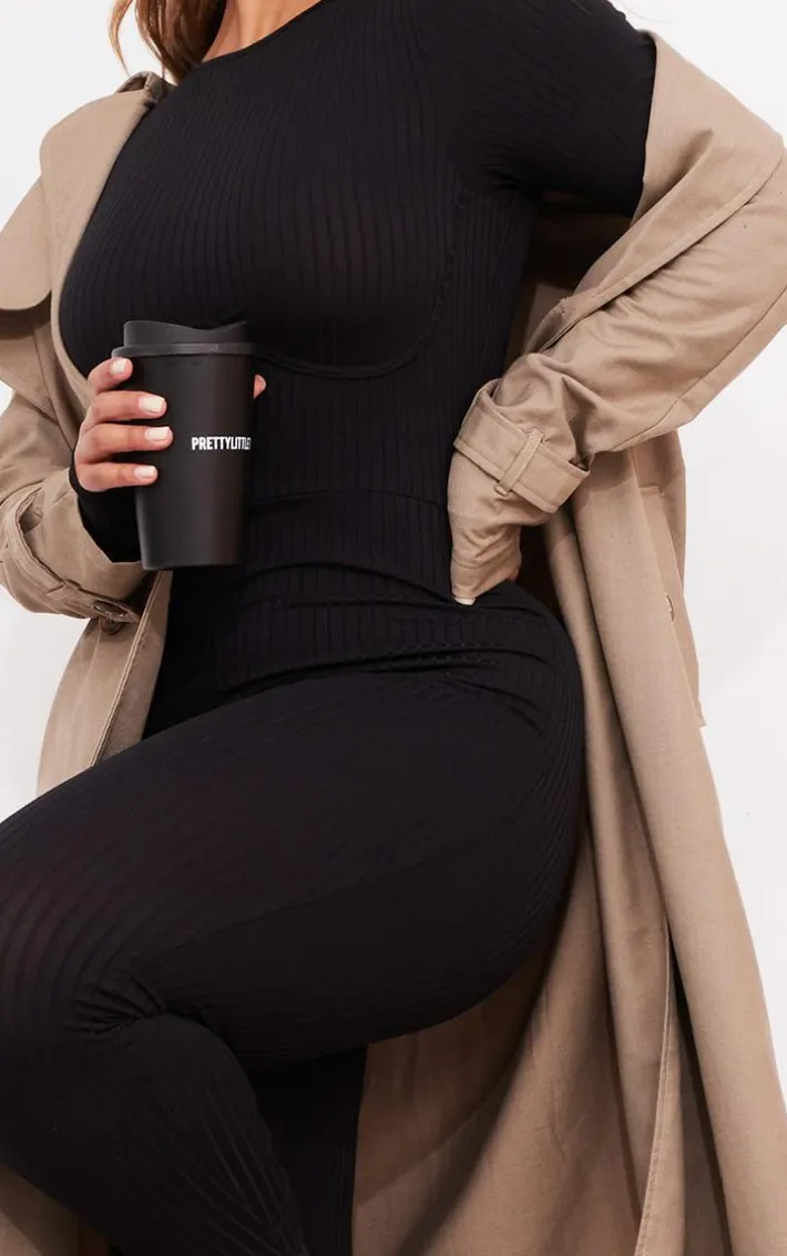 Shape Black Rib Underbust Detail Long Sleeve Jumpsuit
