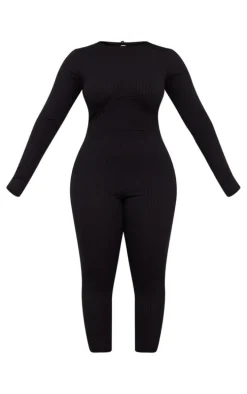 Shape Black Rib Underbust Detail Long Sleeve Jumpsuit