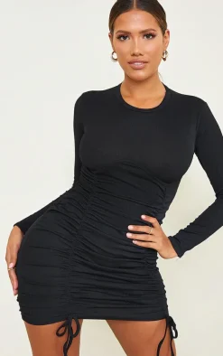 Shape Black Rib Underbust Long Sleeve Ruched Bodycon Dress