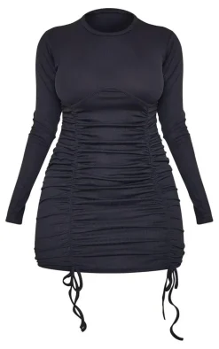 Shape Black Rib Underbust Long Sleeve Ruched Bodycon Dress