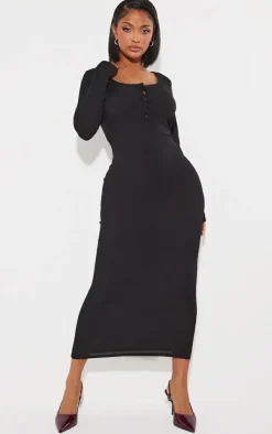 Shape Black Ribbed Button Front Long Sleeve Midaxi Dress