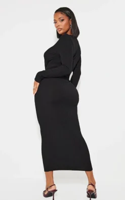 Shape Black Ribbed Button Front Long Sleeve Midaxi Dress