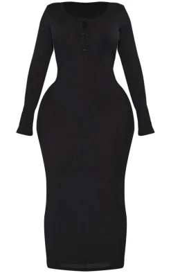 Shape Black Ribbed Button Front Long Sleeve Midaxi Dress