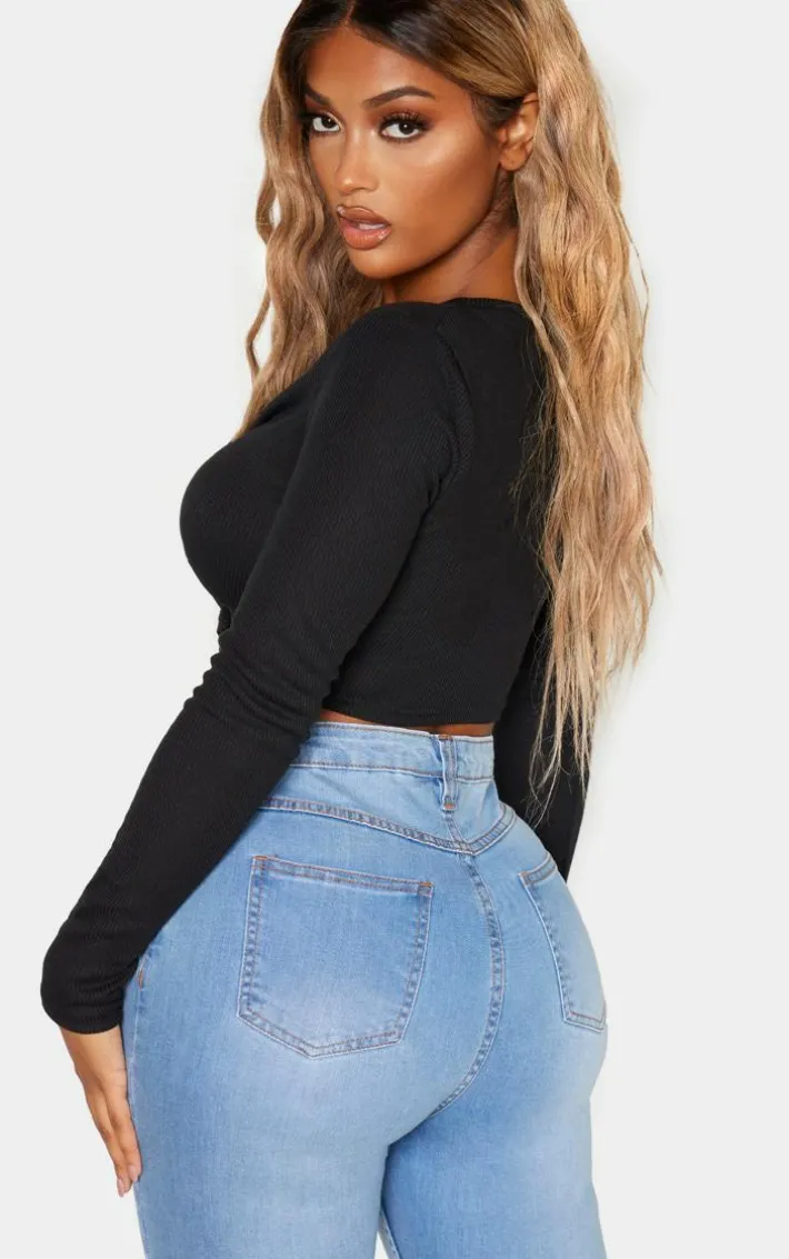 Shape Black Ribbed Long Sleeve Ruched Front Crop Top