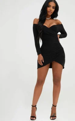 Shape Black Ruched Bardot Bodycon Dress