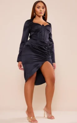 Shape Black Satin Corset Detail Long Sleeve Ruched Midi Dress