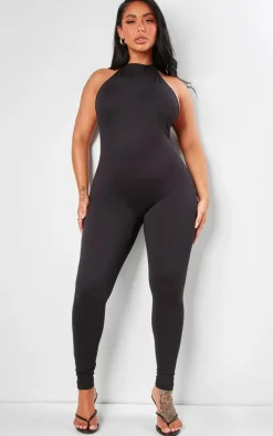 Shape Black Sculpted High Neck Backless Jumpsuit