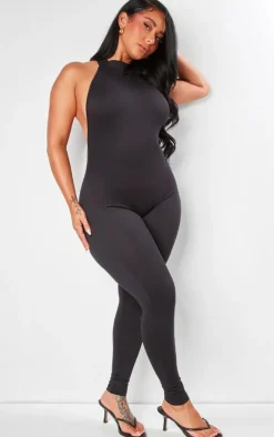 Shape Black Sculpted High Neck Backless Jumpsuit
