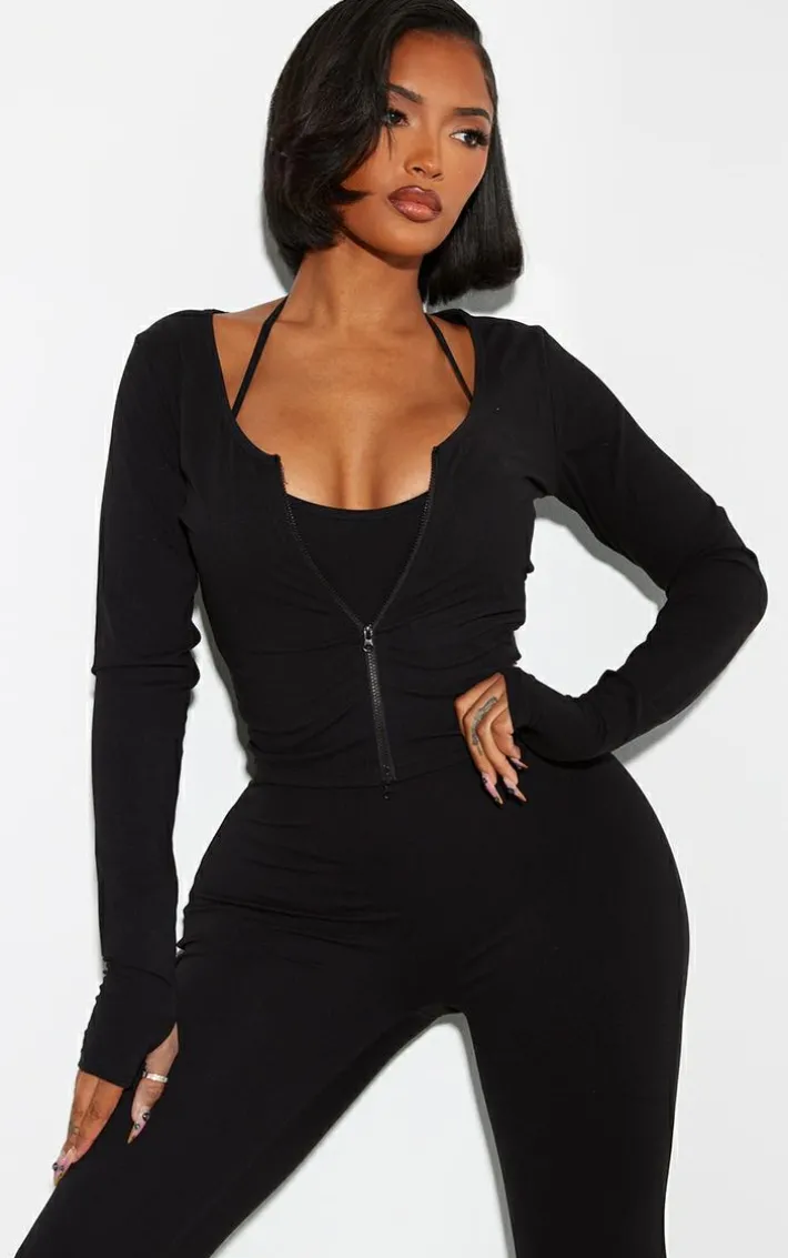 Shape Black Sculpted Zip Through Long Sleeve Top