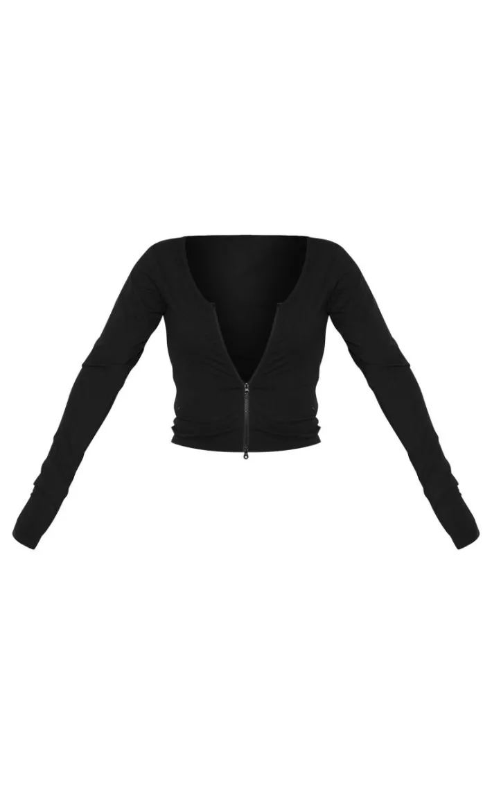 Shape Black Sculpted Zip Through Long Sleeve Top