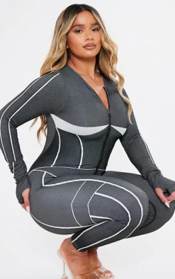 Shape Black Seamless Contrast Long Sleeve Zip Through Jumpsuit