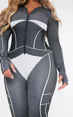 Shape Black Seamless Contrast Long Sleeve Zip Through Jumpsuit