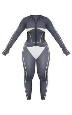 Shape Black Seamless Contrast Long Sleeve Zip Through Jumpsuit