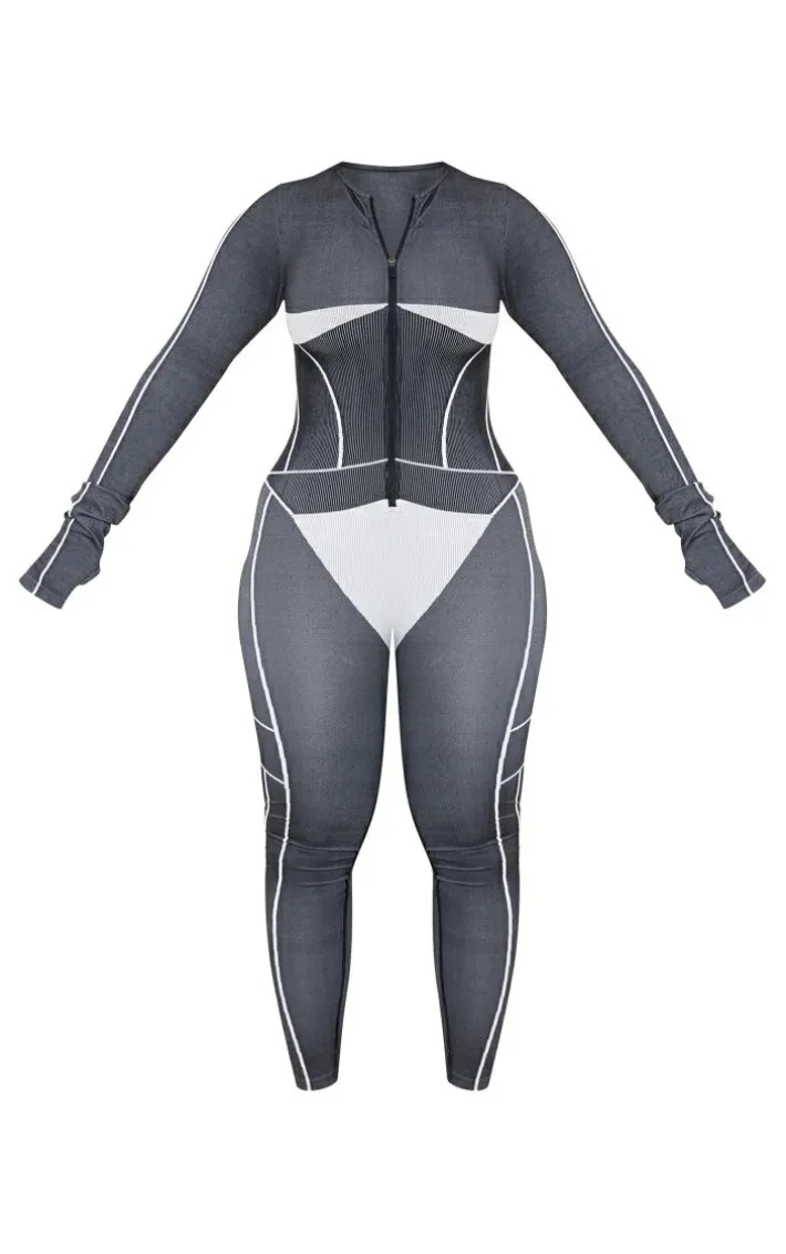 Shape Black Seamless Contrast Long Sleeve Zip Through Jumpsuit