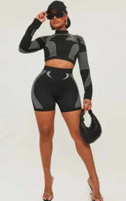 Shape Black Seamless Contrast Detail Long Sleeve Crop Top