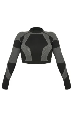 Shape Black Seamless Contrast Detail Long Sleeve Crop Top