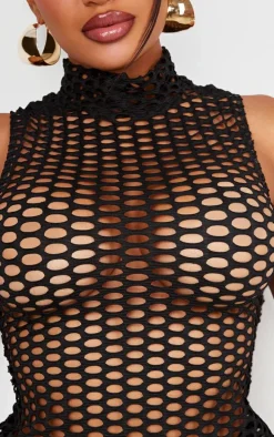 Shape Black Sheer Fish Net High Neck Top