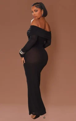 Shape Black Sheer Mesh Bardot Maxi Dress