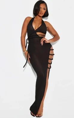 Shape Black Sheer Mesh One Shoulder Twist Cutout Detail Maxi Dress