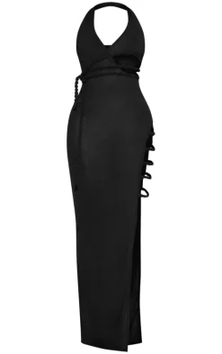 Shape Black Sheer Mesh One Shoulder Twist Cutout Detail Maxi Dress