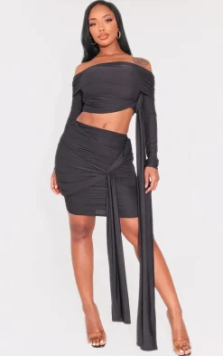 Shape Black Slinky Knotted Detail Bardot Crop Top