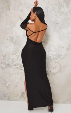 Shape Black Slinky Long Sleeve Cut Out Strap Detail Maxi Dress