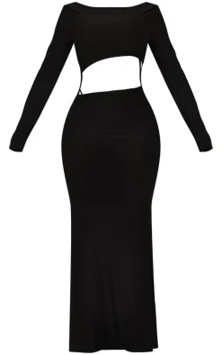 Shape Black Slinky Long Sleeve Cut Out Strap Detail Maxi Dress