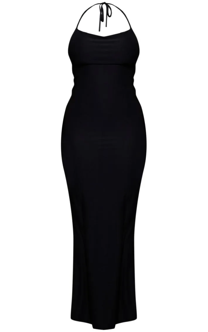 Shape Black Slinky Strappy Cowl Scoop Back Ruched Maxi Dress