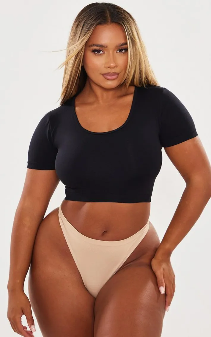 Shape Black Stretch Seamless Scoop Neck Crop T Shirt