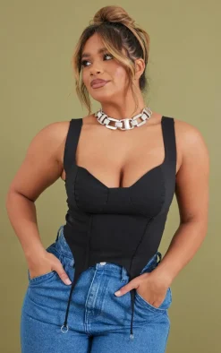 Shape Black Stretch Woven Suspender Detail Corset Top