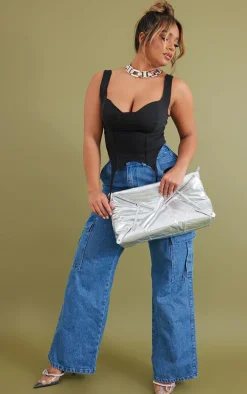 Shape Black Stretch Woven Suspender Detail Corset Top