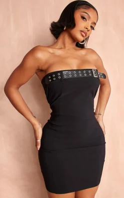 Shape Black Stretch Woven Buckle Detail Dress