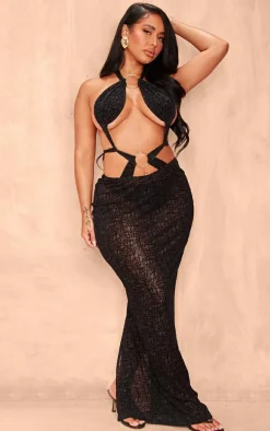 Shape Black Textured Sheer Halterneck Ring Detail Maxi Dress