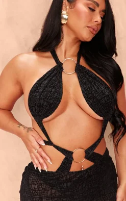 Shape Black Textured Sheer Halterneck Ring Detail Maxi Dress