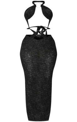 Shape Black Textured Sheer Halterneck Ring Detail Maxi Dress