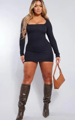 Shape Black Textured Square Neck Long Sleeve Bodycon Dress