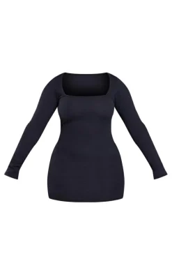 Shape Black Textured Square Neck Long Sleeve Bodycon Dress