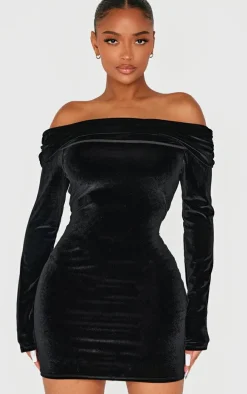 Shape Black Velour Bardot Fold Over Long Sleeve Mini Dress