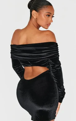 Shape Black Velour Bardot Fold Over Long Sleeve Mini Dress