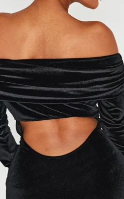 Shape Black Velour Bardot Fold Over Long Sleeve Mini Dress