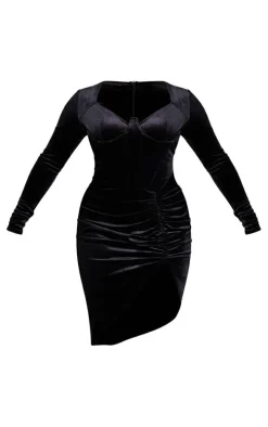 Shape Black Velvet Corset Detail Long Sleeve Ruched Midi Dress