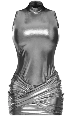 Shape Black Wet Look Metallic High Neck Wrap Front Dress