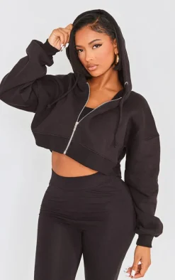 Shape Black Zip Front Long Sleeve Cropped Hoodie