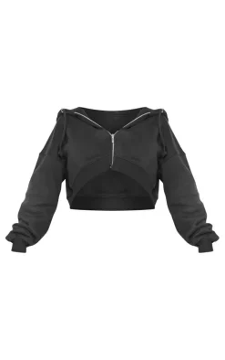 Shape Black Zip Front Long Sleeve Cropped Hoodie