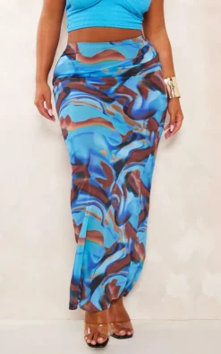Shape Blue Abstract Print Woven Low Rise Maxi Skirt