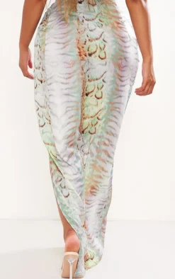 Shape Blue Animal Printed Woven Wrap Maxi Skirt