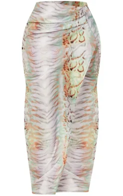 Shape Blue Animal Printed Woven Wrap Maxi Skirt